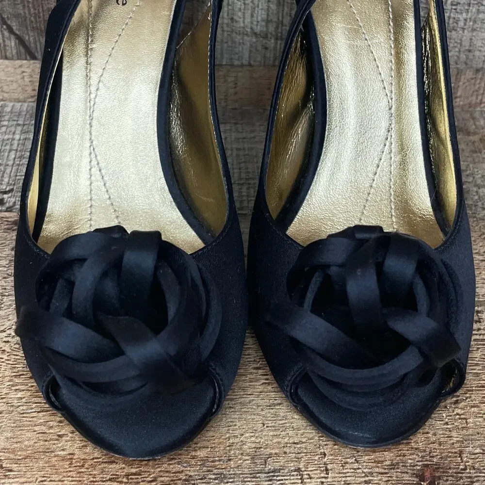 Kate Spade Slingback Peep Toe Stiletto Heels Black Satin Size 6